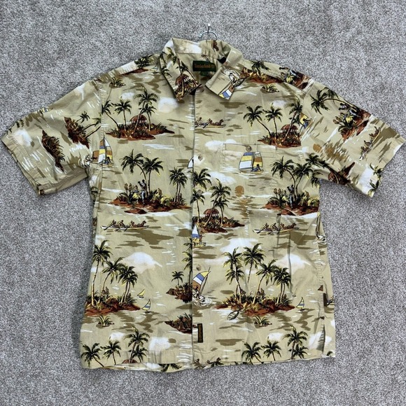 Timberland Other - Timberland Button Front Shirt Men Large Tan Tropical Island Scene Vintage 2001